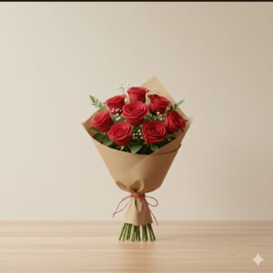 Mini red rose bouquet for new baby in brown paper wrap by Gull Flowers.