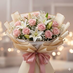 Luxury pink rose and white lily bouquet for new baby girl by Gull Flowers.