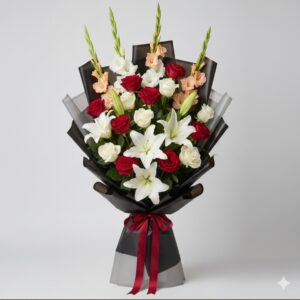 Dignified sympathy bouquet with white lilies and red roses in black wrap by Gull Flowers.