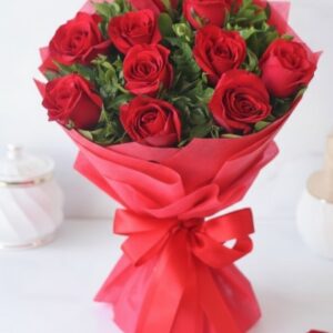 10 imported red roses bouquet with red wrapping by Gull Flowers