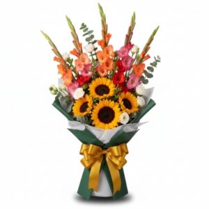 Sunflower and mixed gladiolus sympathy bouquet with gold bow by Gull Flowers.