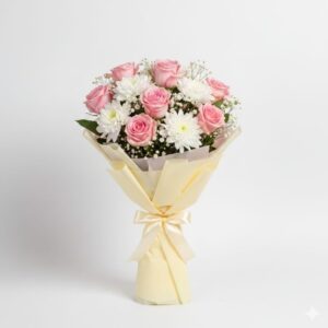 Pink roses and white chrysanthemum bouquet for get well soon by Gull Flowers.
