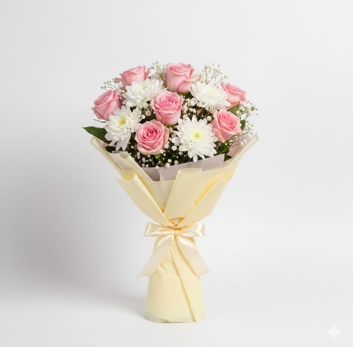 Pink roses and white chrysanthemum bouquet for get well soon by Gull Flowers.