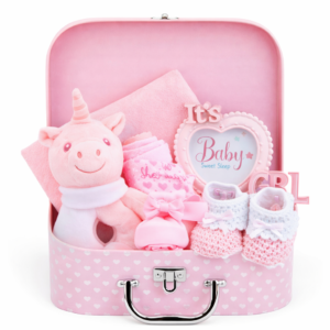 Newborn Baby Girl Gift Basket Suitcase Pink Unicorn - Gull Flowers Karachi