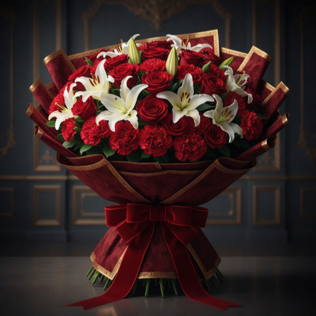 Grand luxury red rose and white lily bouquet for get well soon by Gull Flowers.