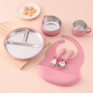 Baby Girl Pink Silicone Feeding Set with Stainless Steel Plate and Bowl - Gull Flowers Karachi