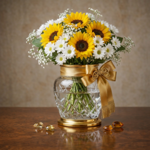 Sunflower and white daisy arrangement in crystal vase with gold bow by Gull Flowers.