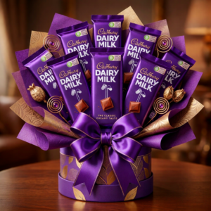 Premium 7 Bars Dairy Milk Chocolate Mega Bouquet in Purple and Gold - Gull Flowers Karachi