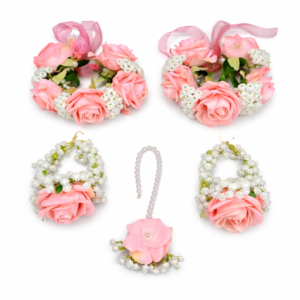Full Bridal Flower Jewellery Set with Pakistani Pink Roses, Earrings, and Tikka - Gull Flowers Karachi
