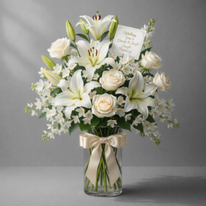 White lily and rose arrangement in a glass vase with a recovery card by Gull Flowers.