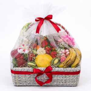 Fresh Mix Fruit Basket with White Roses Gull Flowers